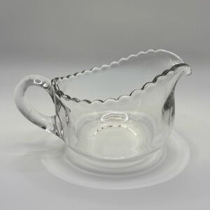 Beautiful Vintage Glass Creamer Bowl Pitcher w/ Handle, Crimped Edge Scalloped